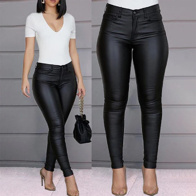 New Fashion Sexy High Waist Casual Pants Women'S Pu Leather Pants