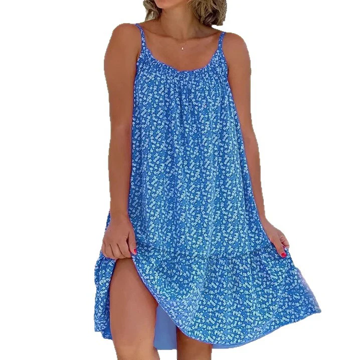 Casual Style Printed Sleeveless Large Sling Suspender Dress