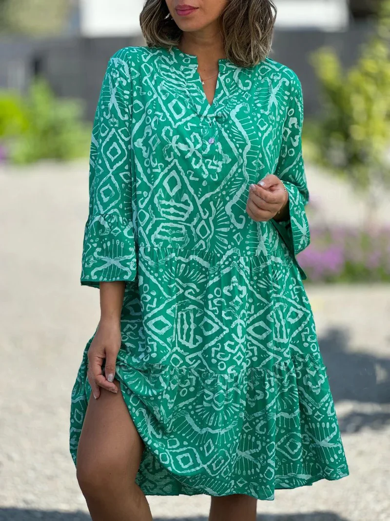 V-Neck Flared Sleeve Romantic Print Splicing Dress For Women